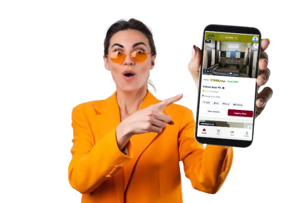 Surprised girl pointing to Stay100 mobile application presentation mockup